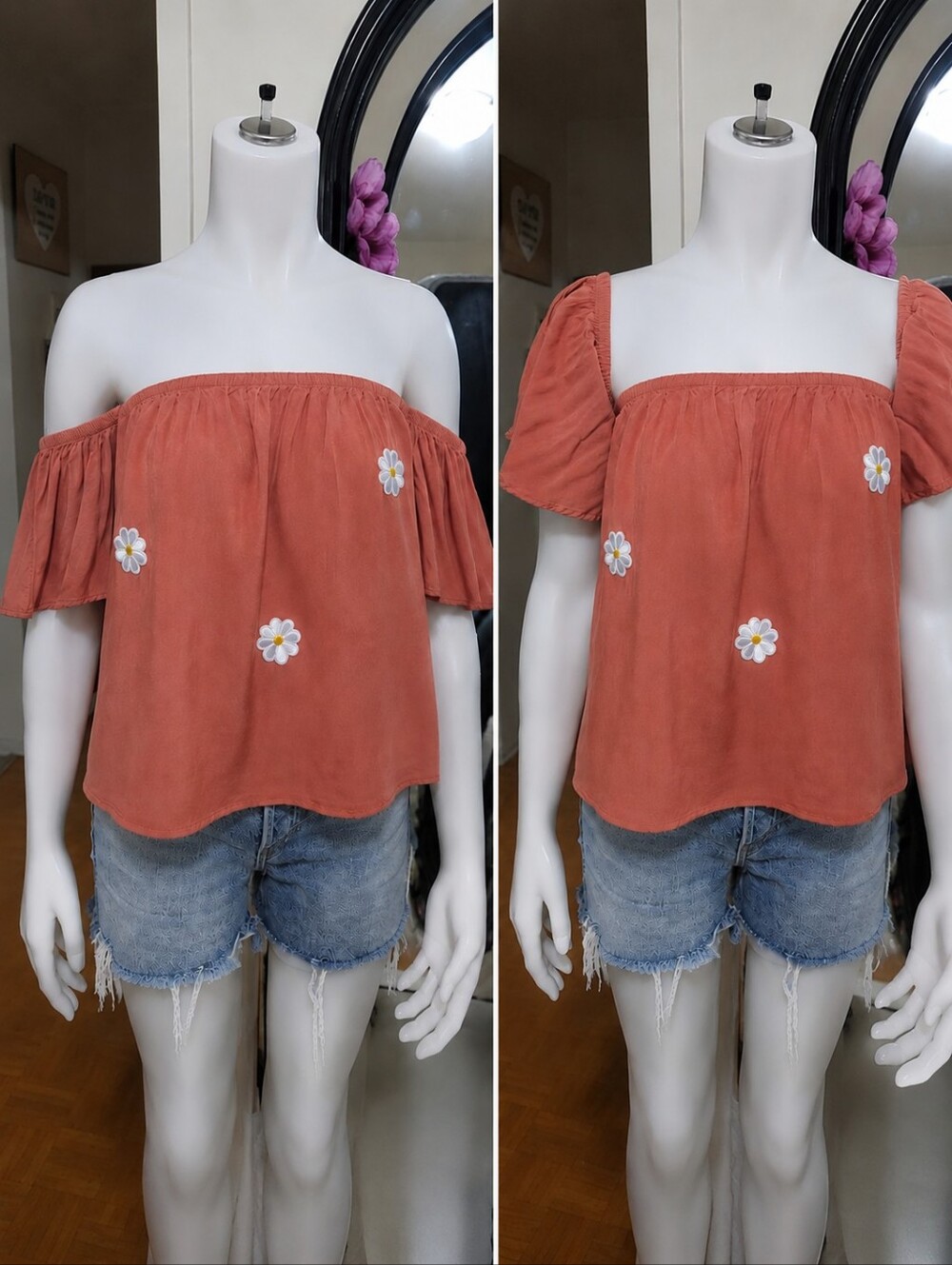 Coral Off-Shoulder Boho Blouse Daisy Embroidery | Rayon | M